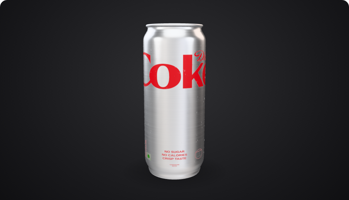 A silver Diet Coke can with a red label, detailed aluminum lid and condensation